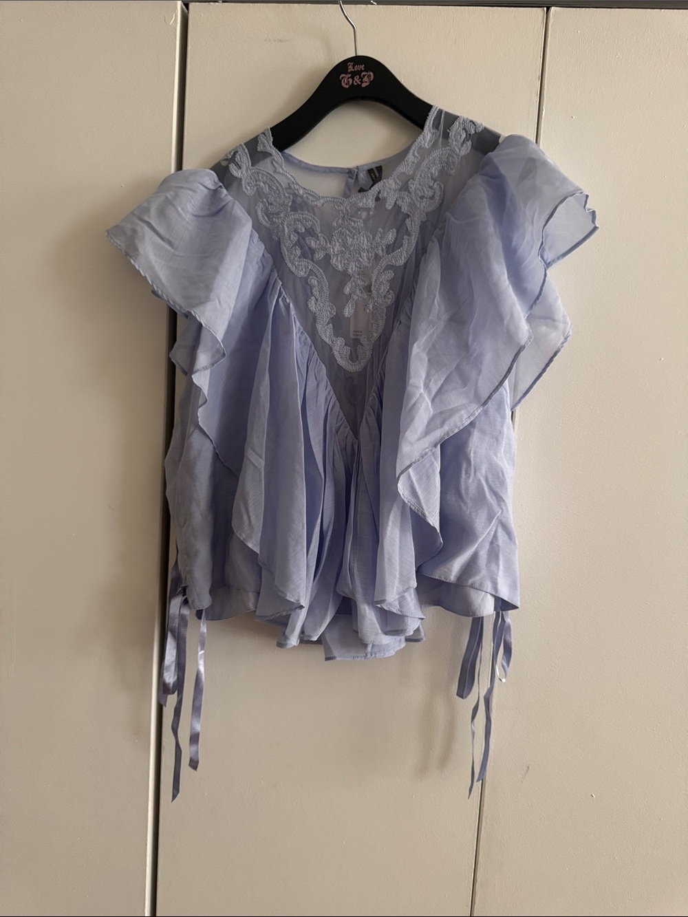 Light Blue Lace-Trim Flutter Sleeve Top - Picture 5 of 6